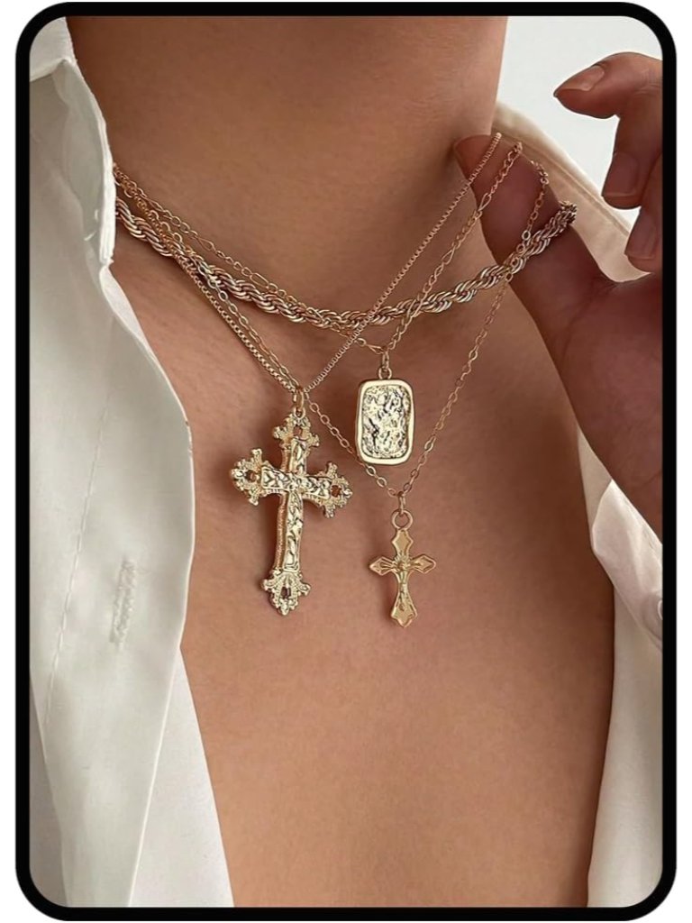 Gold Layered Cross Necklace Set For Women, 3pcs Rosary Choker Chunky Christian P